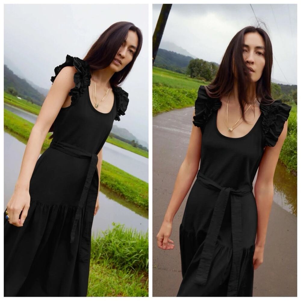 Nation LTD Everleigh Frilly Ruffle Scoop Neck Tiered Belted Midi Dress Jet Black